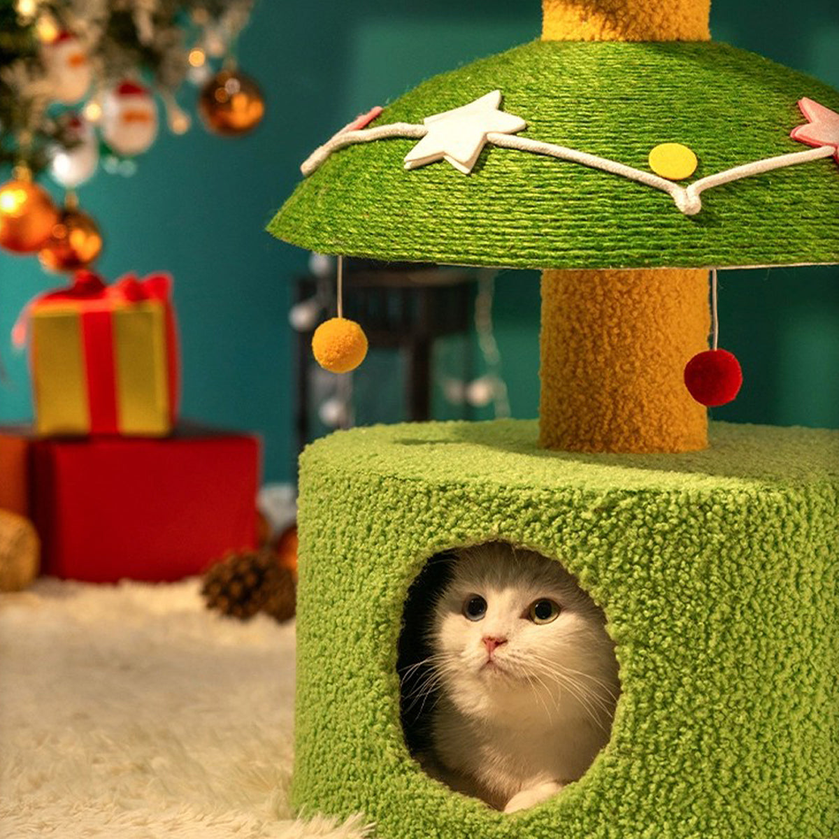 holiday-themed cat furniture with cozy bed